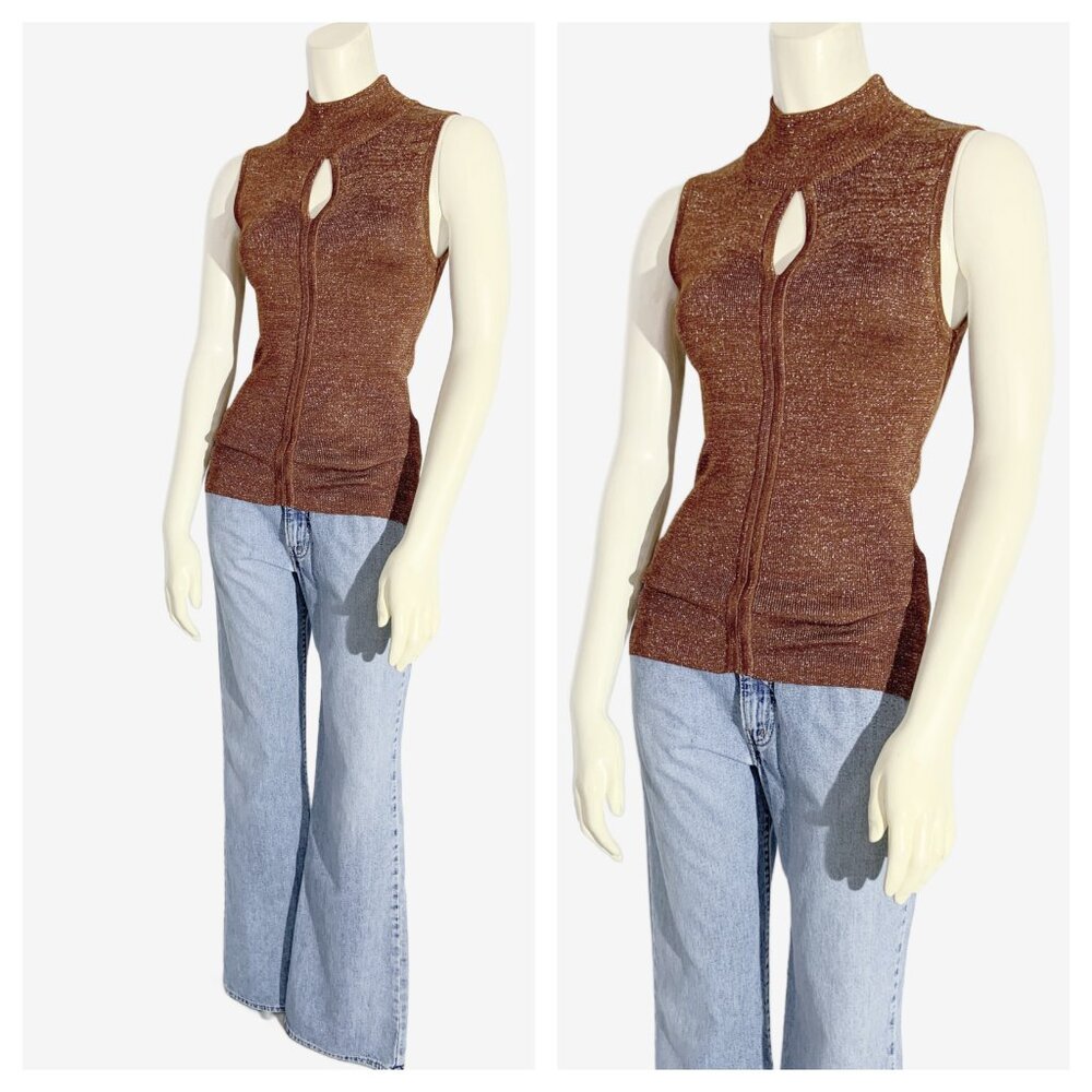 Vintage Y2K Bronze Brown Knit Sleeveless Top with Metallic Gold Thread / Small - Picture 5 of 11